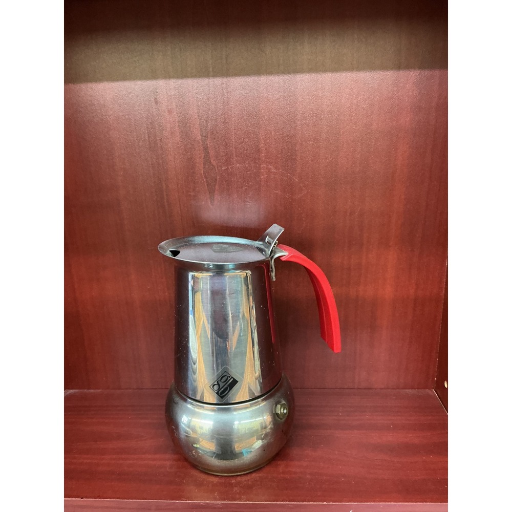 Vintage Guido Bergna 4 Cup Stainless Steel Espresso Maker Red Handle 1980s Italy